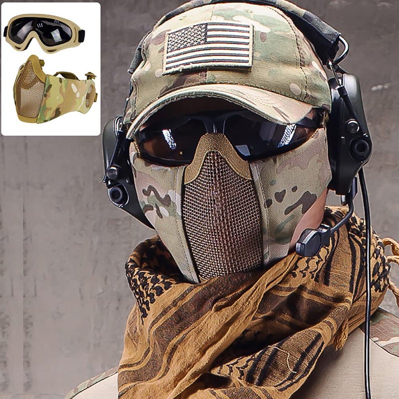 AOUTACC Airsoft Protective Gear Set, Half Face Mesh Mask with Ear Protection and Tactical Goggles for Adult Men Women BBS Paintball Shooting CS Survival Games Cosplay (MC02) - Image 5